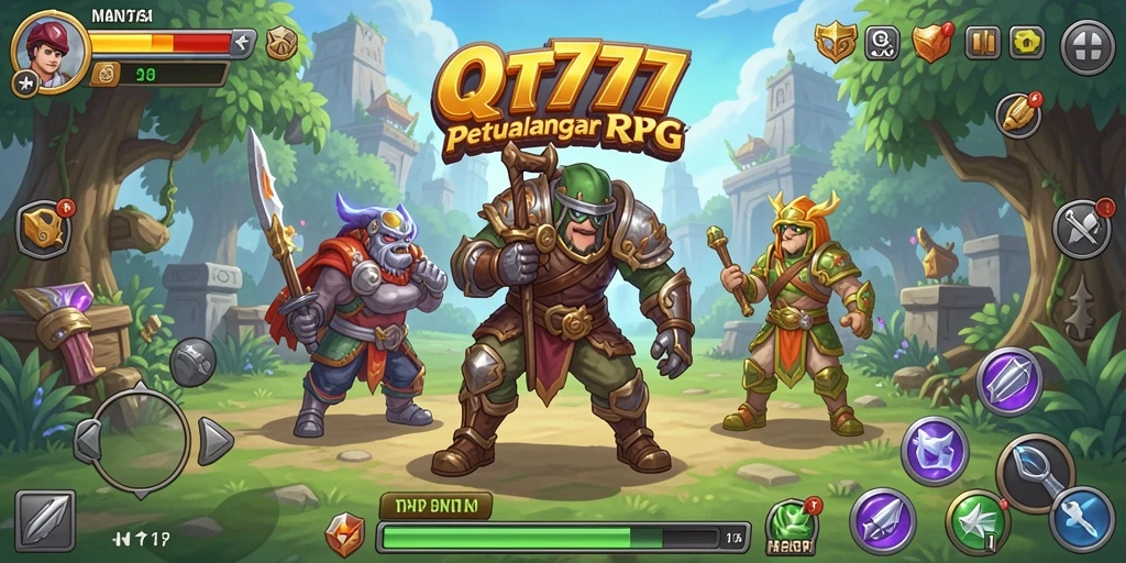 Screenshot menunjukkan berbagai karakter dan pertempuran seru di dalam game RPG.